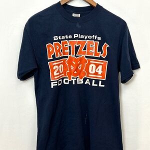 Vintage 2004 Pretzels Football Navy Blue Orange Graphic State Playoffs Tshirt